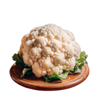 Close-up of a fresh cauliflower head placed on a wooden platter with green leaves surrounding it, isolated on a white background. png