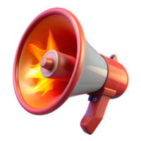 3D illustration of a red and white megaphone with fiery elements, symbolizing powerful communication and announcement. png
