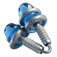 Close-up of two metallic screws with blue hex heads and springs, isolated on a white background, showcasing industrial hardware components. png