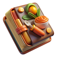 3D-rendered cookbook with vibrant food and utensils, perfect for culinary arts, recipes, and kitchen themes. png