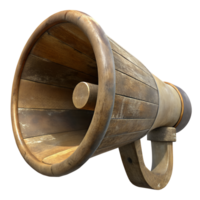 Close-up of a vintage wooden megaphone with intricate detailing, isolated on a white background. png