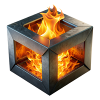 Abstract fiery cubic design with vibrant flames contained within a metallic cube structure, representing energy and innovation. png