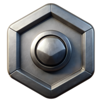 3D render of a metallic hexagon button with a futuristic design, websites, or technical illustrations. png