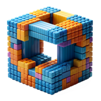Colorful 3D geometric puzzle with interlocking blocks in blue, orange, and purple, creating a visually intriguing and complex structure. png