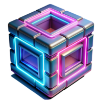 A colorful, futuristic metallic cube with glowing neon edges, showcasing cutting-edge technology and modern design elements. png