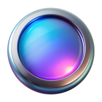 Digital glossy round icon with a gradient blue and pink glow, encased in a metallic frame, perfect for apps or web design. png