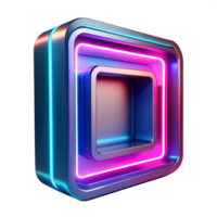 Vibrant 3D square icon with neon lights in gradient colors of pink and blue, isolated on a dark background. Modern and futuristic design. png