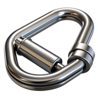 High-quality close-up image of a shiny metal carabiner clip. Ideal for outdoor adventure, climbing gear, or safety equipment stock photos. png