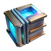 Futuristic glowing data block with metallic features and blue light emanation, representing advanced technology and data storage. png