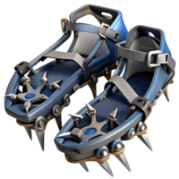 Pair of blue crampons with metal spikes and adjustable straps used for ice climbing and trekking in snowy and icy conditions. png