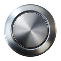 High-resolution image of a round metallic push button with a sleek, brushed finish, isolated on a white background. Ideal for technology designs. png