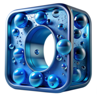 Futuristic blue metallic cube with water drops, abstract 3D rendering with a hollow center and bubbles, digital art for creative design projects. png
