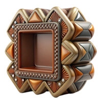 Geometrically designed 3D abstract sculpture with intricate patterns in brown and metallic colors. png