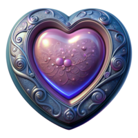Intricate heart-shaped metallic ornament with a glowing centerpiece, featuring ornate swirls and floral patterns in a romantic design. png
