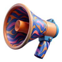 Vibrant abstract megaphone with colorful patterns on a white background, symbolizing communication, announcement, and creativity. png