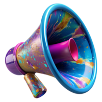 Vibrant and colorful artistic megaphone with splashes of paint, symbolizing creativity, communication, and expression. Isolated on white background. png