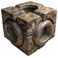 Intricate 3D geometric cube made from weathered stone and circular metal elements, showcasing a unique blend of materials. png