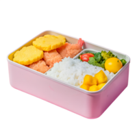 A colorful bento box with rice, vegetables, and fruit in a pink container, perfect for a healthy and balanced meal on the go. png