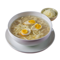 uma tigela do macarrão sopa com fervido ovos, enfeitado com trincado queijo, servido com uma lado tigela do adicional queijo. png