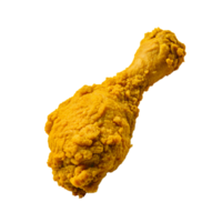 Crispy golden brown fried chicken drumstick isolated on white background, delicious and appetizing fast food item. png