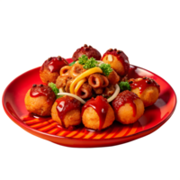 A vibrant plate of takoyaki, Japanese octopus fritters, garnished with sauce, parsley, and pickled ginger on a colorful dish. png