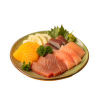 Assorted sashimi platter with salmon, tuna, and other fresh fish slices, garnished with vegetables and lemon, served on a ceramic plate. png
