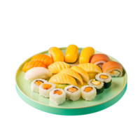 A vibrant plate of assorted sushi with various types of nigiri and rolls, presented on a green plate, showcasing a delicious Japanese culinary art. png