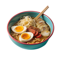 Colorful bowl of ramen with boiled eggs, sliced meat, cherry tomatoes, noodles, and mushrooms served with chopsticks. png