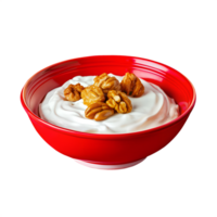 Red bowl filled with creamy yogurt, topped with crunchy walnuts, against a white background. Perfect for healthy breakfast or snack. png