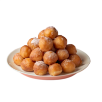 plato de dorado, en polvo cubierto de azúcar rosquilla agujeros apilado en un pirámide forma, Listo a ser disfruté como un delicioso postre o bocadillo. png