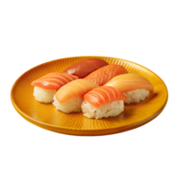 Plate of assorted nigiri sushi featuring fresh raw fish and seasoned rice, perfect for Japanese cuisine enthusiasts. png