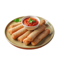 Plate of crispy breadsticks with a side of marinara sauce, garnished with basil, perfect for appetizers or snacks. png