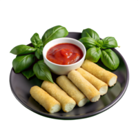 Plate of crispy cheese sticks served with red dipping sauce and fresh basil leaves, arranged neatly for a delicious snack or appetizer. png