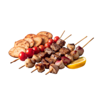 Grilled skewers of meat, vegetables, and bread served with a lemon wedge. A perfect image for BBQ, cooking, or summer dining themes. png