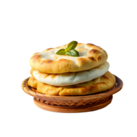 Stack of freshly baked flatbreads on a wooden plate, garnished with basil. Perfect for food, bakery, and cuisine themes. png