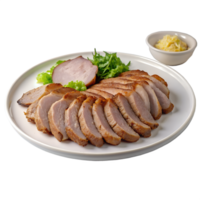 Sliced roasted pork arranged on a white plate with garnish and a side of grated radish, perfect for a delicious meal presentation. png