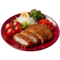 Deliciously plated crispy chicken cutlet served with fresh tomatoes, shredded cabbage, and garnished with a lemon wedge on a red plate. png