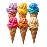 Six Colorful Ice Cream Cones Arranged in a Row Against a White Background png