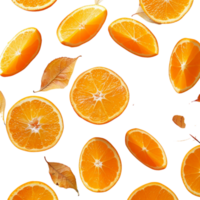 Sliced Oranges and Autumn Leaves on White Background png