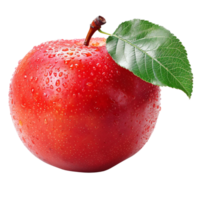 A Fresh Red Apple With Dew Drops and a Single Leaf png