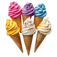 Five Colorful Ice Cream Cones Arranged in a Row Against a White Background png