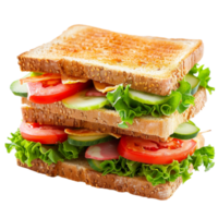Freshly Made Multi-Layer Sandwich With Toasted Bread, Lettuce, Tomato, and Cucumber png