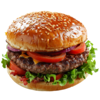Close Up of a Sesame Seed Bun Cheeseburger With Lettuce, Tomato, and Onion png