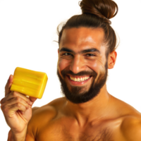 Smiling Man With a Topknot Holding a Bar of Soap png