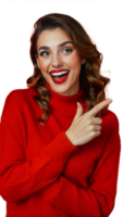 Happy Woman in Red Sweater Pointing Right With White Background png