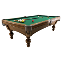 A wooden billiards table with green felt holds pool balls isolated on transparent background png