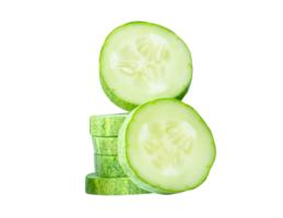 Front view of green cucumber slices or pieces in stack isolated with clipping path in file format png