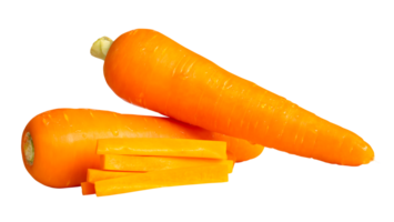 Front view of orange carrots with slices in stick shape isolated with clipping path in file format png