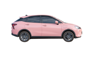 Side view of pink electric hatchback car isolated with clipping path in file format png