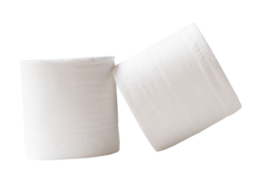 Front view of white tissue paper rolls in stack isolated with clipping path in file format png